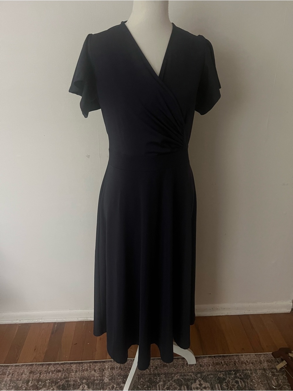 Pretty Garden Navy Midi Dress, women’s M, ruffle sleeve, dressy occasion formal